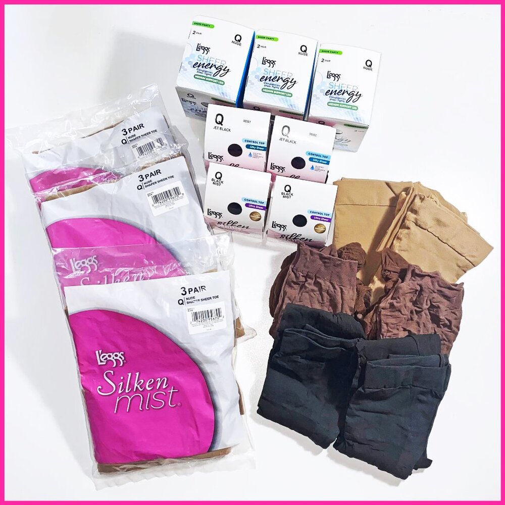 25 NEW L'EGGS SZ Q PANTYHOSE - 19 NUDE, 2 JET BLACK, 2 OFF BLACK & 2 SOFT BROWN